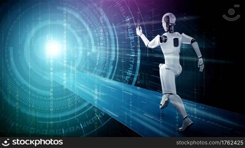 Running robot humanoid showing fast movement and vital energy in concept of future innovation development toward AI brain and artificial intelligence thinking by machine learning. 3D illustration.. Running robot humanoid showing fast movement and vital energy