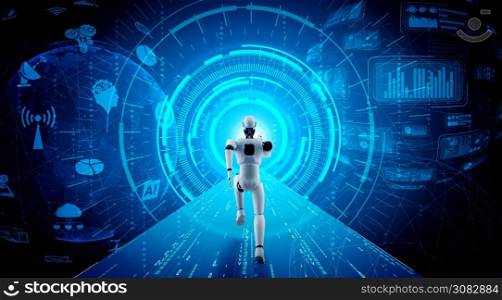Running robot humanoid showing fast movement and vital energy in concept of future innovation development toward AI brain and artificial intelligence thinking by machine learning. 3D illustration.