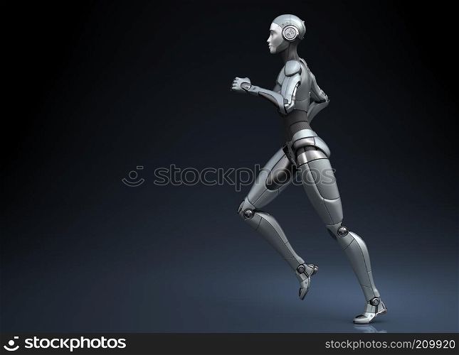 Running robot on dark background. 3D illustration. Running robot on dark background