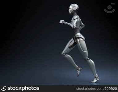 Running robot on dark background. 3D illustration. Running robot on dark background