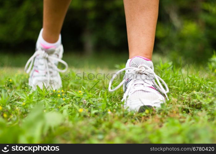 Running shoes close-up. Female runner.