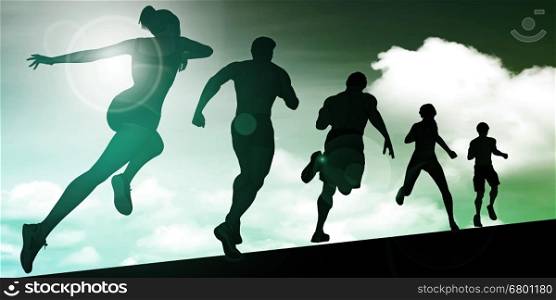 Running Women and Men Group as Background Illustration. Futuristic Abstract