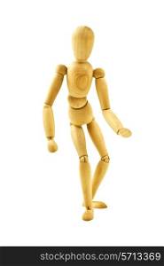 running wooden mannequin isolated on white background close up