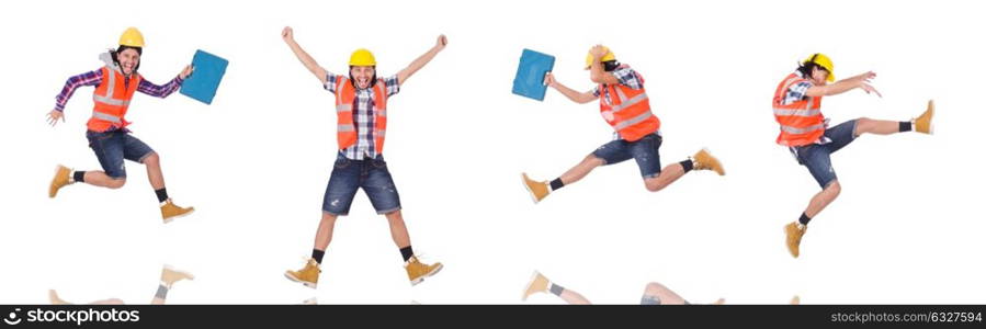 Running young builder with toolbox isolated on white. Foreman isolated on white