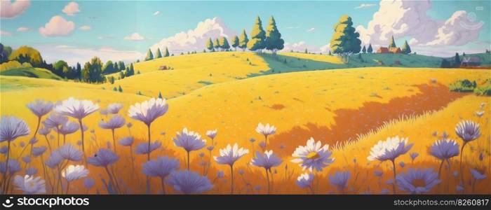 Rural landscape, a field of chamomile flowers. Panoramic countryside landscape at sunny summer day. Beautiful farmland scene. AI generated illustration. Rural landscape, a field of chamomile flowers. AI generated illustration