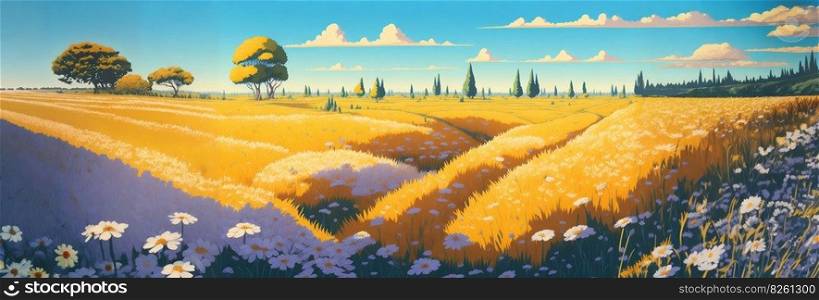 Rural landscape, a field of chamomile flowers. Panoramic countryside landscape at sunny summer day. Beautiful farmland scene, meadow with a carpet of flowers. AI generated illustration