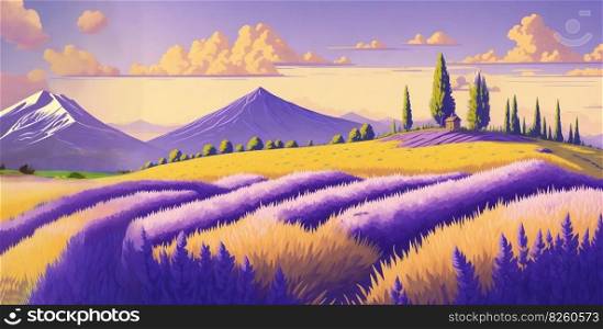 Rural landscape, a field of lavenders flowers. Panoramic countryside landscape at sunny summer day. Beautiful farmland scene, meadow with a carpet of flowers. AI generated illustration. Rural landscape, a field of lavenders flowers. AI generated illustration