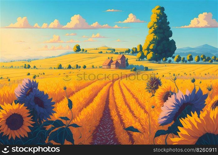 Rural landscape, a field of sunflowers illustration. Countryside landscape at sunny summer day. Beautiful farmland scene. AI generated illustration. Rural landscape, a field of sunflowers. AI generated illustration
