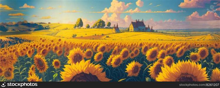 Rural landscape, a field of sunflowers illustration. Panoramic countryside landscape at sunny summer day. Beautiful farmland scene. AI generated illustration