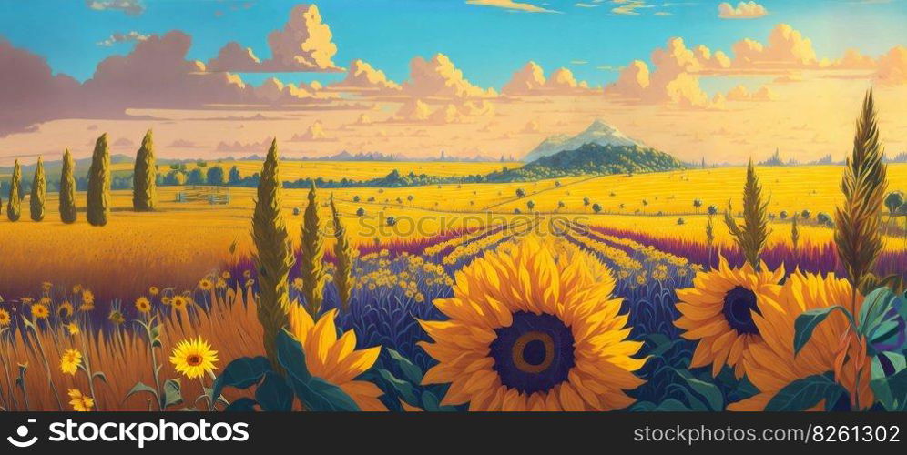 Rural landscape, a field of sunflowers illustration. Panoramic countryside landscape at sunny summer day. Beautiful farmland scene. AI generated illustration. Rural landscape, a field of sunflowers. AI generated illustration