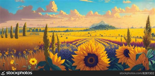 Rural landscape, a field of sunflowers illustration. Panoramic countryside landscape at sunny summer day. Beautiful farmland scene. AI generated illustration. Rural landscape, a field of sunflowers. AI generated illustration