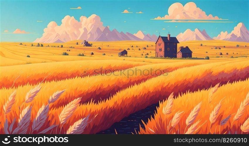 Rural landscape, a field of wheat illustration. Countryside landscape at sunny summer day. Beautiful farmland scene. AI generated illustration. Rural landscape, a field of wheat. AI generated illustration