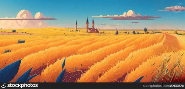 Rural landscape, a field of wheat illustration. Panoramic countryside landscape at sunny summer day. Beautiful farmland scene. AI generated illustration