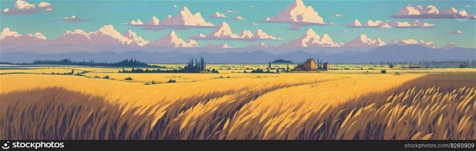 Rural landscape, a field of wheat illustration. Panoramic countryside landscape at sunny summer day. Beautiful farmland scene. AI generated illustration. Rural landscape, a field of wheat. AI generated illustration