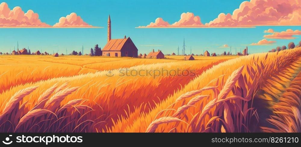 Rural landscape, a field of wheat illustration. Panoramic countryside landscape at sunny summer day. Beautiful farmland scene. AI generated illustration. Rural landscape, a field of wheat. AI generated illustration