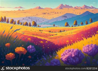 Rural landscape, a field of wildflowers. Countryside landscape at sunny summer day. Beautiful farmland scene, meadow with a carpet of flowers. AI generated illustration. Rural landscape, a field of wildflowers. AI generated illustration