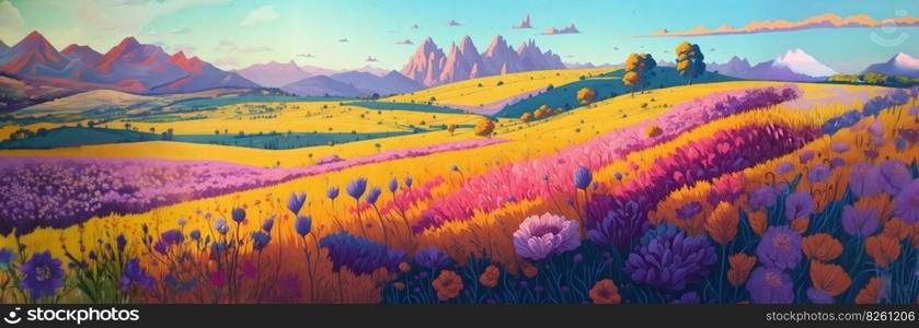 Rural landscape, a field of wildflowers. Panoramic countryside landscape at sunny summer day. Beautiful farmland scene, meadow with a carpet of flowers. AI generated illustration