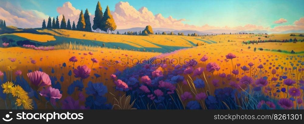 Rural landscape, a field of wildflowers. Panoramic countryside landscape at sunny summer day. Beautiful farmland scene, meadow with a carpet of flowers. AI generated illustration. Rural landscape, a field of wildflowers. AI generated illustration