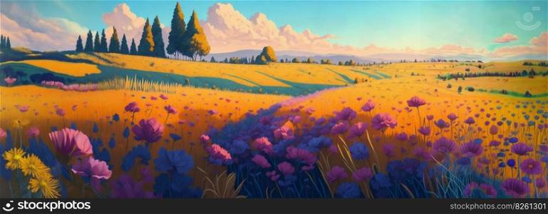 Rural landscape, a field of wildflowers. Panoramic countryside landscape at sunny summer day. Beautiful farmland scene, meadow with a carpet of flowers. AI generated illustration. Rural landscape, a field of wildflowers. AI generated illustration