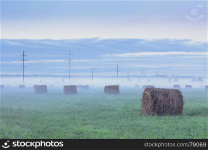 Rural landscape. Foggy field with haystacks and telegraph poles at sunset