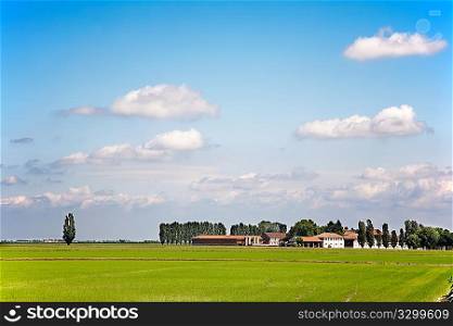 Rural landscape: green meadows, european farm, blue sky with small white clouds. Piedmont, north Italy.