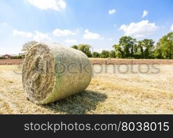 Rural landscape.Harvested field with straw bales in summer.