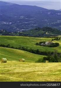 Rural landscape near Appignano del Tronto, in Ascoli Piceno province, Marche, Italy, at springtime