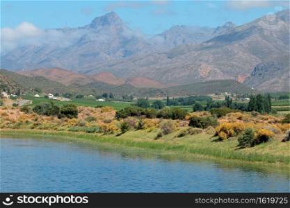 Rural landscape of farmland against a backdrop of mountains, Western Cape, South Africa 