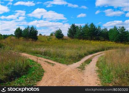 Rural landscape with crossroad on hill in forest . Rural landscape with crossroad