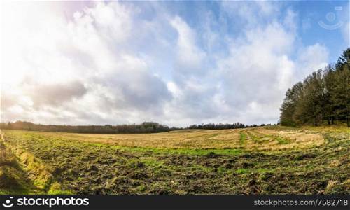 Rural panorama landscape in the morning with muddy fields surrounded by trees under a blue sky in the fall