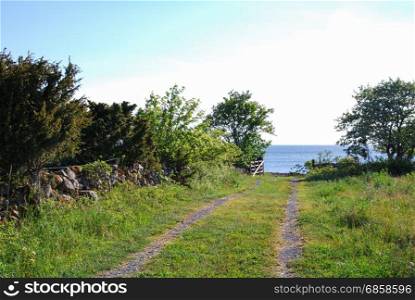 Rural pathway through an open wooden gate by the coast at the swedish island Oland