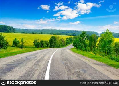 Rural paved road among green fields