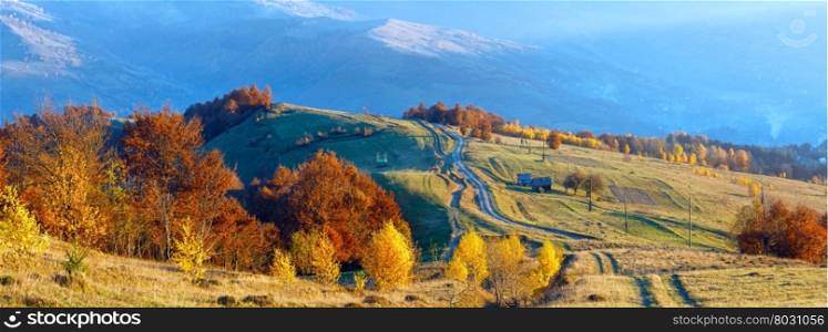 Rural road and colorful trees on autumn mountain slope.