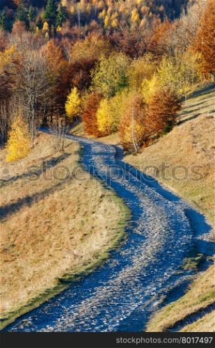 Rural road in autumn misty mountain and colorful trees on slope.