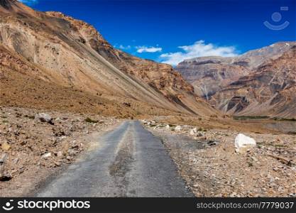 Rural road in Himalayas in Spiti Valley. Himachal Pradesh, India. Rural road in Himalayas