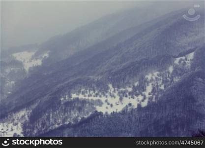 Rural scene in Carpathian mountains in winter season. Misty weather.