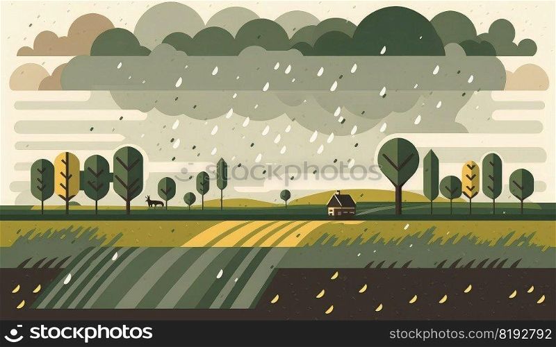 rural scene in rain. landscape grass, nature field, meadow agriculture, green countryside, weather clouds rural scene in rain ai generated illustration. rural scene in rain ai generated