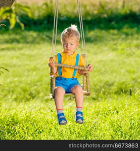 Rural scene with toddler boy swinging outdoors. . Portrait of toddler child swinging outdoors. Rural scene with one year old baby boy at swing. Healthy preschool children summer activity. Kid playing outside.