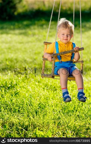 Rural scene with toddler boy swinging outdoors. . Portrait of toddler child swinging outdoors. Rural scene with one year old baby boy at swing. Healthy preschool children summer activity. Kid playing outside.
