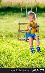 Rural scene with toddler boy swinging outdoors. . Portrait of toddler child swinging outdoors. Rural scene with one year old baby boy at swing. Healthy preschool children summer activity. Kid playing outside.