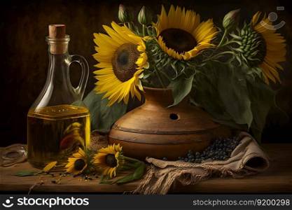 Rural still life sunflower oil in bottle with flowers of sunflower Helianthus annuus in dark light. Neural network AI generated art. Rural still life sunflower oil in bottle with flowers of sunflower Helianthus annuus in dark light. Neural network AI generated