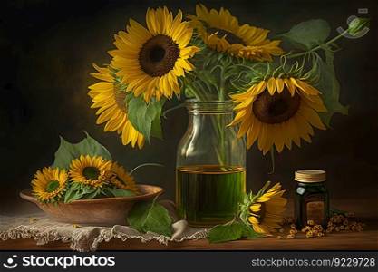 Rural still life sunflower oil in bottle with flowers of sunflower Helianthus annuus in dark light. Neural network AI generated art. Rural still life sunflower oil in bottle with flowers of sunflower Helianthus annuus in dark light. Neural network AI generated