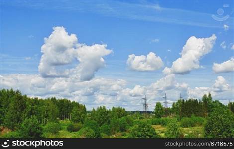 rural summer landscape with forest and blue sky
