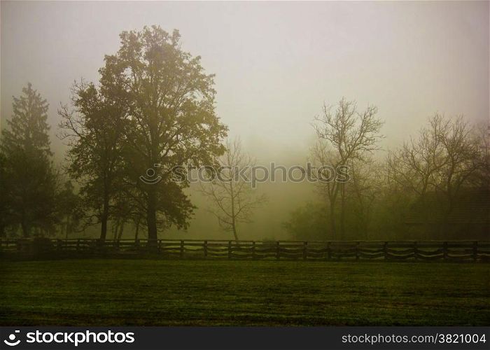 Rural village scenery in morning fog, Prigorje region of Croatia