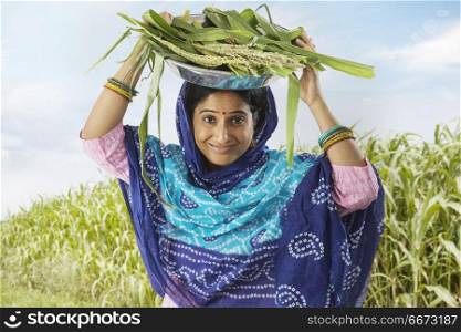 Rural woman carries corn leaves and rice on her head