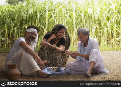 Rural woman serving lunch to farmers in field