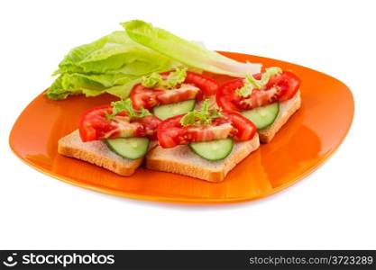 Rusk sandwiches with lettuce, tomato, cucumber on plate isolated on white background.