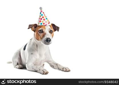 Russell terrier in a birthday hat. Happy birthday concept with dog in birthday hat.. Russell terrier in a birthday hat. Happy birthday concept with dog in birthday hat