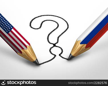 Russia American question and Russian United States questions as a current political crisis of uncertainty as two national flags with Moscow and Washington with 3D illustration elements.