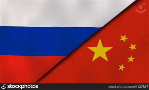 Russia China national flags. News, reportage, business background. 3D illustration.. Russia China national flags. News, reportage, business background. 3D illustration